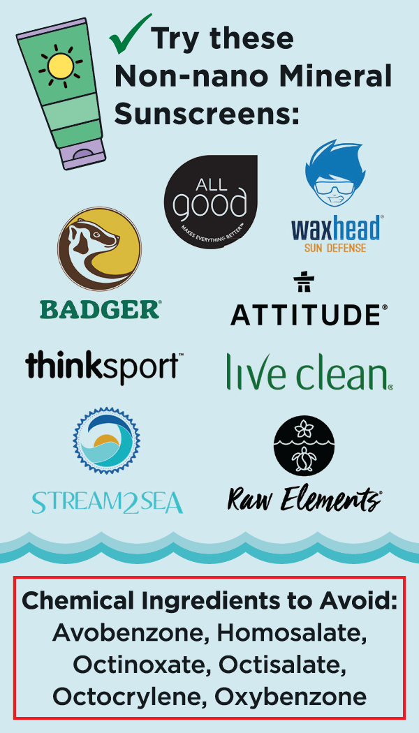 Non-nano mineral sunscreen brands with a list of harmful ingredients to avoid.